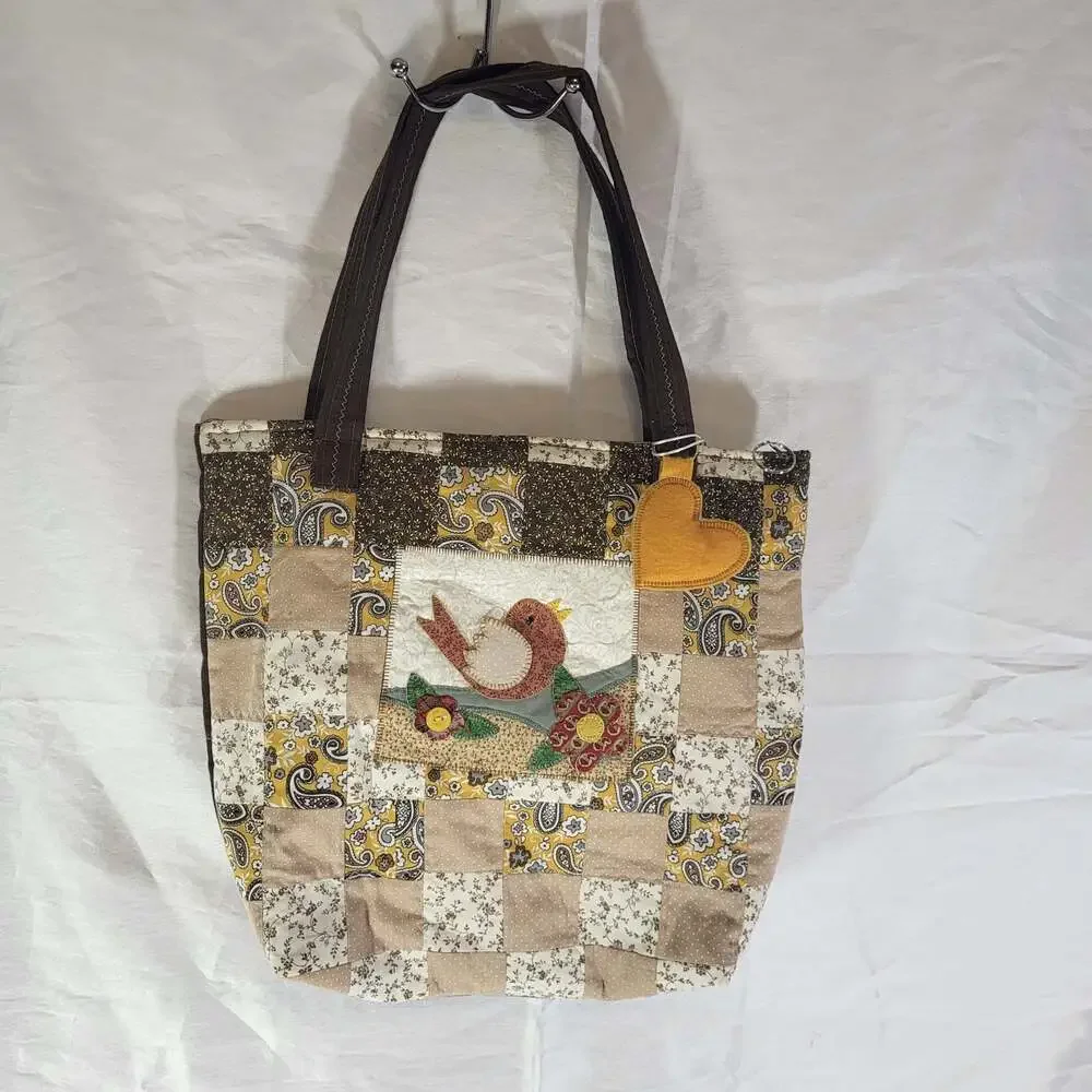 Handmade Quilted Patchwork Tote Bag with Bird Applique and Felt Heart keychain C
